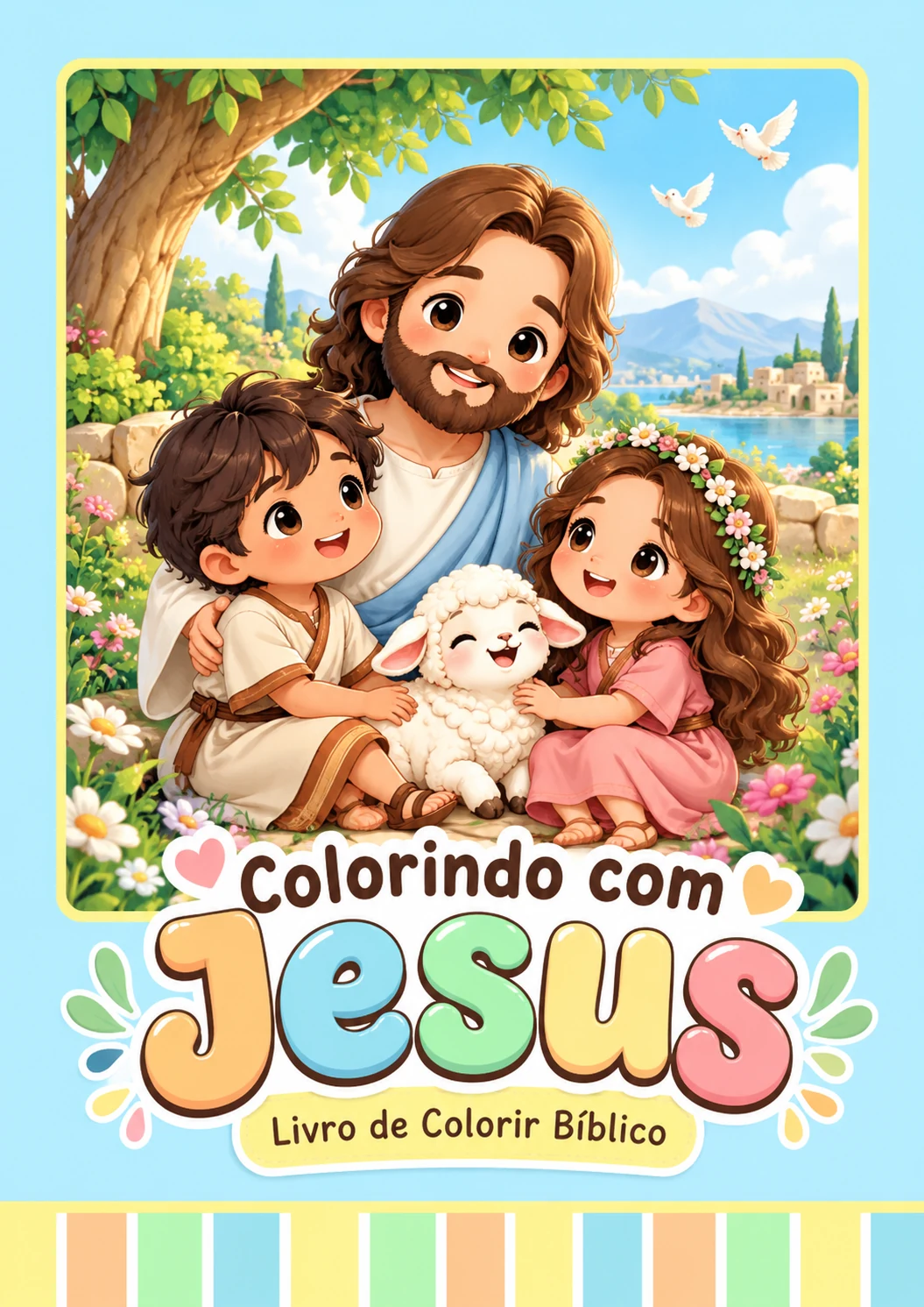 Capa colorida do livro Colorindo com Jesus, com Jesus, duas crianças e um cordeirinho