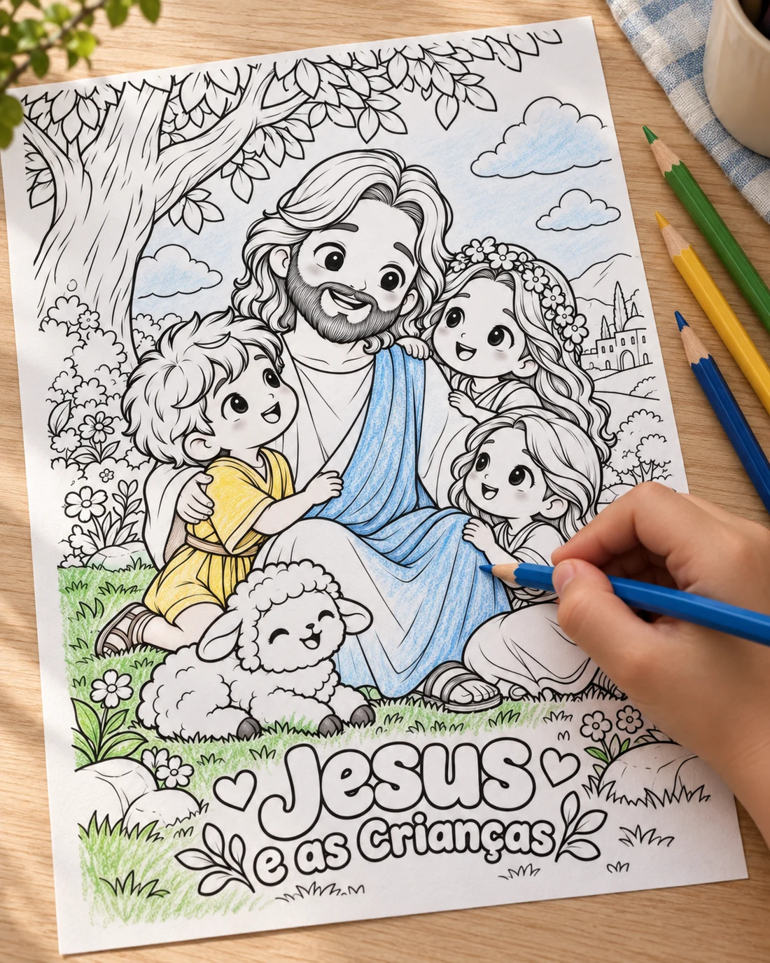 Mão colorindo de azul a roupa de Jesus em uma das páginas do livro