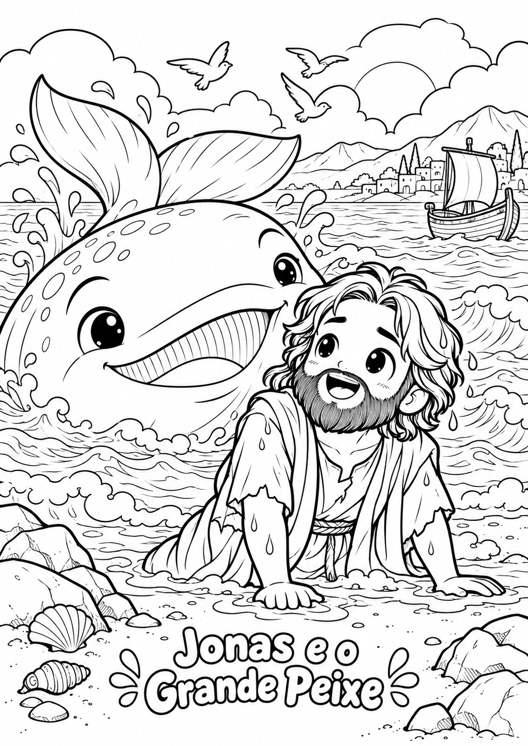 Desenho de Jonas e o grande peixe para colorir