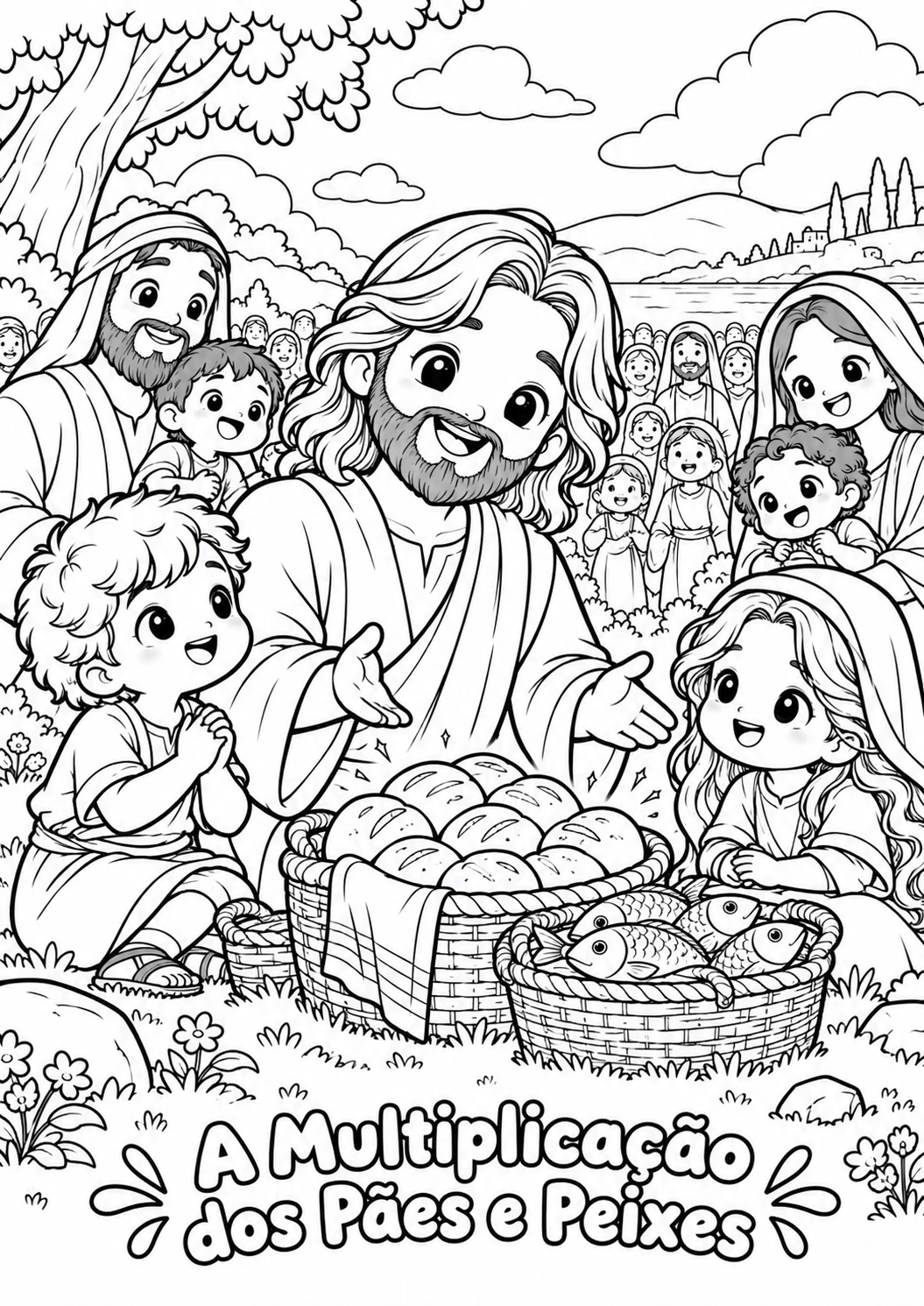 Jesus com crianças e cestos de pães e peixes