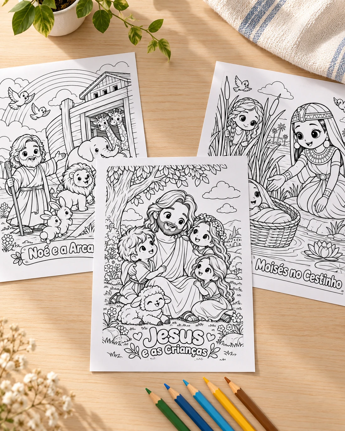 Três páginas impressas do livro: Noé, Jesus com as crianças e Moisés no cestinho